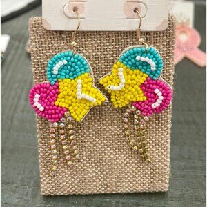 Seed Beaded Rhinestone Fringe Star Balloon Dangle Earrings